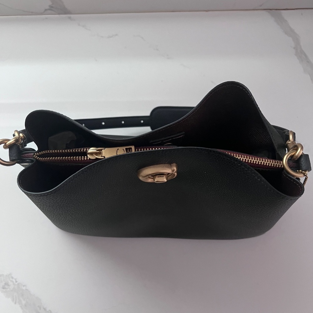 Coach Willow Shoulder Bag Black Pebble Leather Turnlock Matte Gold + Strap - Picture 6 of 16